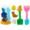 LEAN TOYS Sada hračiek do piesku: mlynček, lopatka, hrable, formičky s dinosaurami