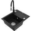 Mexen Enzo jednokomorový granitový drez s odkvapkávačom a kuchynskou batériou Savita, čierny - 6506-77-672601-70