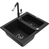 Mexen Carlos granitový drez s 1,5 komorou a kuchynskou batériou Flora, čierny - 6518-77-670401-07-B