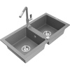 Mexen Mario dvojkomorový granitový drez s kuchynskou batériou Flora, sivý - 6504-71-670401-06