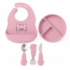 Detský silikónový set FreeON - ružový tanier, príbor a podbradník