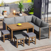 Zostava záhradného nábytku: Rohová pohovka, 3 taburetky, 1 stôl, Akáciové drevo, sivá
