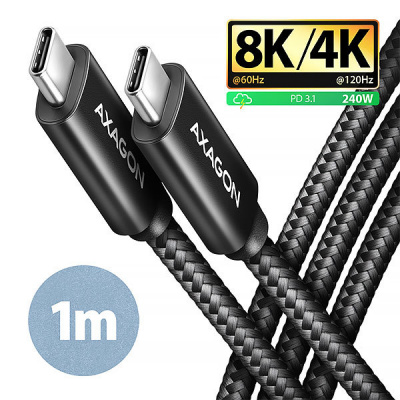 AXAGON BUCM4X-CM10AB NewGEN+ kábel USB-C USB-C, 1m, USB4 Gen 3×2, PD 240W 5A, 8K HD, ALU, opletenie, čierny BUCM4X-CM10AB