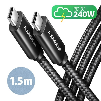 AXAGON BUCM2-CM15AB, CHARGE kabel USB-C USB-C, 1.5m, Hi-Speed USB, PD 240W 5A, ALU, oplet, černý BUCM2-CM15AB
