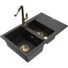 Mexen Gaspar, 1,5-komorový granitový drez 737x475x177 mm a drezová batéria Flora, čierna-zlatá metalíza, 6507-75-670401-57-G