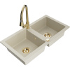 Mexen Mario, 2-komorový granitový drez 820x436x161 mm a drezová batéria Elia, béžová, 6504-69-670101-50
