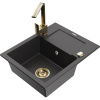 Mexen Enzo granitový drez s jednou komorou s odkvapkávačom a kuchynskou batériou Rita, čierny škvrnitý