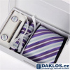 Luxusný set biele a fialové prúžky - Kravata, vreckovka do saka, manžetové gombíky, viazanková spona v darčekovom balení