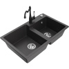 Mexen Tomas, granitový drez 800x500x190 mm, 2-komorový a drezová batéria Carla, čierna škvrnitá, 6516-76-670700-70