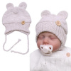 Baby Nellys Pletená čiapka s uškami na zaväzovanie Made with Love, bežový melírok, 56/62 (0-3m)