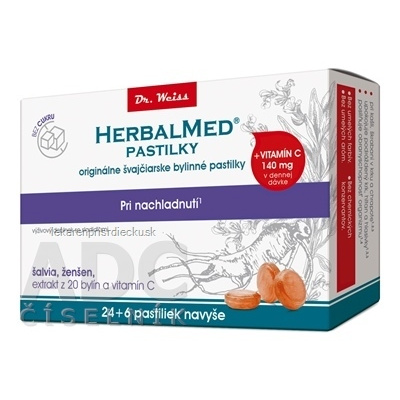 HERBALMED PASTILKY pri nachladnutí - Dr.Weiss bez cukru (šalvia, ženšen, extrakt 20 bylín a vit.C) pastilky (24+6 navyše) 1x30 ks)