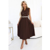 596-4 Elegantná midi košeľa so zlatými gombíkmi a opaskom - CHOCOLATE UNI