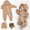 Rastúci teplákový overal pre bábätko, čiapky, topánky, 3D, Nature - karamelová, veľ. 68/74 56-62 (0-3m)