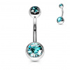 Titánový piercing do pupku s farebnými zirkónmi Merey Farba: Aqua, Velikost koncovky: 5 & 8 mm, Délka / Průměr: 10 mm