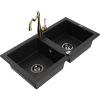 Mexen Mario žulový kuchynský drez s 2 komorami a kuchynskou batériou Carla, čierny - 6504-77-670700-50-B
