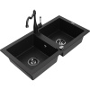 Mexen Mario žulový kuchynský drez s 2 komorami a kuchynskou batériou Carla, čierny - 6504-77-670700-70-B