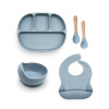 Malý Ježko Silikónový jedálenský set pre deti 5-dielny KLASIKA - Baby Blue Vyberte si príbor: Drevený príbor MINI, Vyberte si misku: MODERN