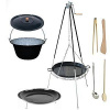 Set 3 v 1, trojnožka teleskopická s kladkou 1,8 m, rošt 70 cm a Paella panva 65 cm a kotlík 30 L s pokrievkou smalt s ohniskom (grilovací rošt 70 cm so smaltovanou Paella panvou 65 cm na teleskopickej