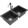 Mexen Mario žulový kuchynský drez s 2 komorami s kuchynskou batériou Flora, čierny bodkovaný - 6504-76-670401-07