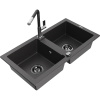 Mexen Mario dvojkomorový granitový drez s kuchynskou batériou Flora, čierny striekaný - 6504-76-670401-07-B