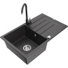 Mexen Bruno, 1-komorový granitový drez s odkvapkávačom 80x50 cm a kuchynskou batériou Telma, čierna-škvrnitá, 6513-76-670200-76