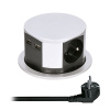 Solight výsuvný blok zásuvek, 3 zásuvky, 2x USB, kruhový tvar nízký, prodlužovací přívod 2m, 3 x 1mm2, stříbrný