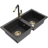 Mexen Mario žulový dvojkomorový kuchynský drez s batériou Flora, čierny škvrnitý - 6504-76-670401-57-G