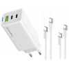 COLORWAY 2x USB-C, 1x USB-A/ sieťová nabíjačka/ GaN/ PD/ PPS/ 65W/ Vrátane 2x káblov, USB-C-USB-C, USB-C-Lightning/ Biela