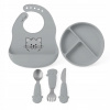Detský silikónový set FreeON - sivý tanier, príbor a podbradník