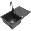 Mexen Bruno, 1-komorový granitový drez s odkvapkávačom 795x495x200 mm a čierna kuchynská batéria Telma, čierna škvrnitá, 6513-76-670200-70