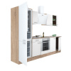 Kuchynská linka Yorki 270 s korpusom z duba sonoma, bielym lesklým čelom so spodným prvkom rúry a spodnou chladničkou s mrazničkou