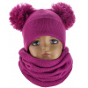 Detský komplet čiapka s 2 bmbolcami a tunelový šál fuksia Veľkosť: 42/50