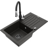 Mexen Pablo granitový kuchynský drez s odkvapkávačom a kuchynskou batériou Savita, čierny/zlatý metalik