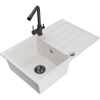 Mexen Bruno, 1-komorový granitový drez s odkvapkávačom 795x495x200 mm a čierna batéria Duero, biela, 6513-20-671600-70
