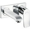 HANSGROHE Metris 2-otvorová páková umývadlová batéria LowFlow pod omietku, pre nástennú montáž, s krycou doskou, výtok 165 mm, chróm, 31251000