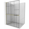Mexen Kioto+ L, sprchová zástena Walk-In s poličkou a vešiakom 90 x 200 cm, 8mm číre sklo čierny vzor, zlatý lesklý profil,800-090-123-50-78