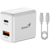 POŠKODENÝ OBAL - GENIUS rýchlonabíjací set PD-20ACP, 20W, rýchle nabíjanie, USB-C PD3.0, USB-A QC3.0, 1m kábel USB-C USB-C, biel