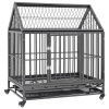 Klietka pre psa s kolieskami a strechou oceľ 92x62x76 cm-ForU-171493