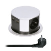Solight výsuvný blok zásuviek, 3 zásuvky, 2x USB, kruhový tvar nízky, predlžovací prívod 2m, 3 x 1mm2, strieborný