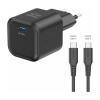 Nabíjačka do siete Swissten sieťový adaptér GaN 1x USB-C 20W Power Delivery + dátový kábel USB-C/USB-C 1.2m čierny (22070130)