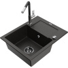 Mexen Enzo, 1-komorový granitový drez 576x465x174 mm a drezová batéria Flora, čierna-zlatá metalíza, 6506-75-670401-07-B