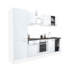 Kuchynská linka Yorki 270 s bielym korpusom, bielou prednou časťou s hodvábnym leskom, spodným prvkom rúry a policovou skrinkou
