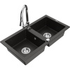Mexen Mario, 2-komorový granitový drez 820x436x161 mm a drezová batéria Elia, čierna-zlatá metalíza, 6504-75-670101-00
