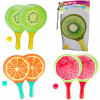 Teddies Súprava na plážový tenis ovocie drevené 38cm 2 pálky + 1 loptička 3 druhy v látkovom sáčku