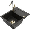 Mexen Enzo, 1-komorový granitový drez 576x465x174 mm a drezová batéria Flora, čierna-zlatá metalíza, 6506-75-670401-57-G