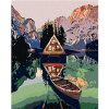 Maľovanie podľa čísel – Pramica pri chatke na jazere v horách, 40 × 50 cm, bez rámu a bez napnutia plátna 8596530040804
