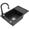 Mexen Elias granitový kuchynský drez s 1 komorou s odkladacou plochou a kuchynskou batériou Savita, čierny/strieborný