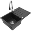 Mexen Bruno granitový drez s jednou komorou s odkvapkávačom a kuchynskou batériou Savita, čierny/strieborný metalický