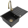 Mexen Bruno granitový drez s 1 komorou s odkvapkávačom a kuchynskou batériou Savita, čierny/strieborný metalíza