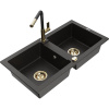 Mexen Mario, 2-komorový granitový drez 820x436x161 mm a drezová batéria Flora, čierna-zlatá metalíza, 6504-75-670401-57-G